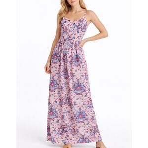 Parker Floral Maxi Dress Spaghetti Strap Fitted Bodice Pink Blue Size S